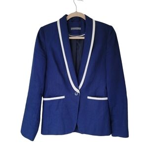 Atmosphere Linen Blend Blue & White Trim Tuxedo Blazer Preppy Academia